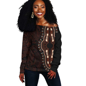 Dashiki and Polynesian Pattern Off Shoulder Sweater Afro Pacific Culture Red Version