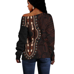 Dashiki and Polynesian Pattern Off Shoulder Sweater Afro Pacific Culture Red Version