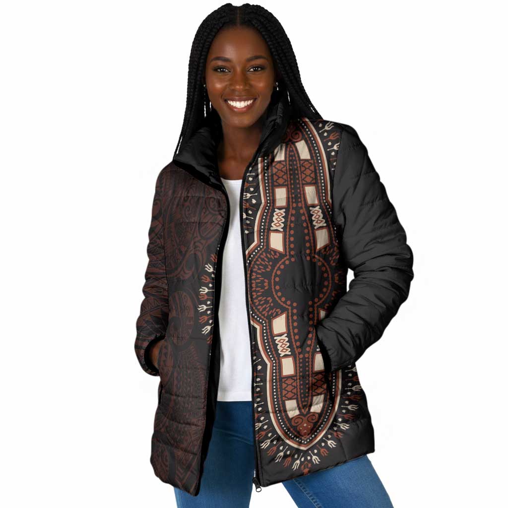 Dashiki and Polynesian Pattern Padded Jacket Afro Pacific Culture Red Version