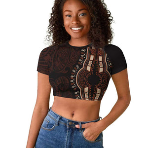 Dashiki and Polynesian Pattern Raglan Cropped T shirt Afro Pacific Culture Red Version