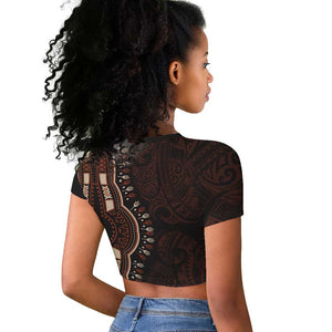 Dashiki and Polynesian Pattern Raglan Cropped T shirt Afro Pacific Culture Red Version