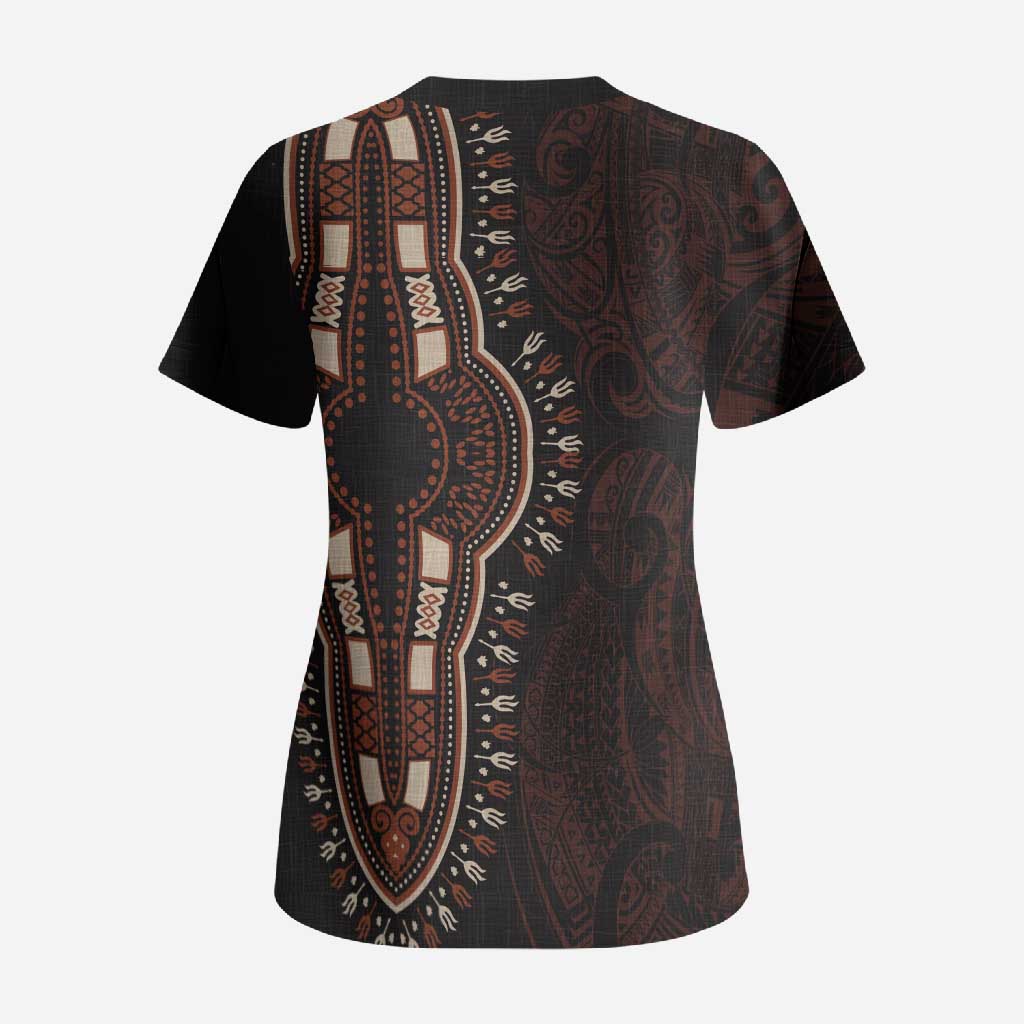 Dashiki and Polynesian Pattern Scrub Top Afro Pacific Culture Red Version