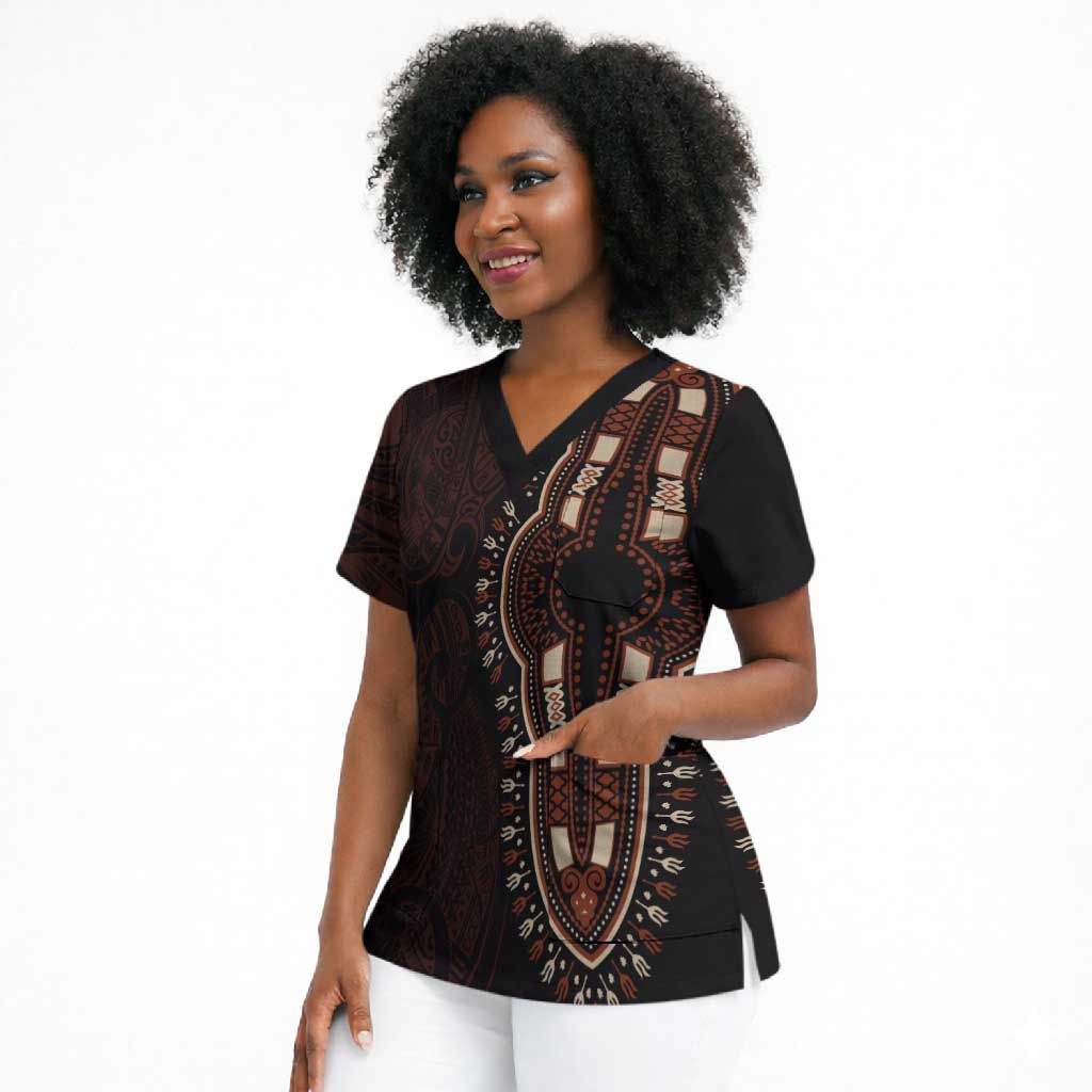 Dashiki and Polynesian Pattern Scrub Top Afro Pacific Culture Red Version