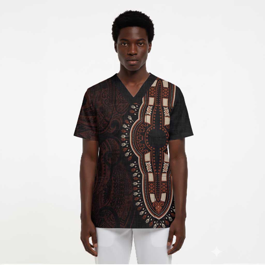 Dashiki and Polynesian Pattern Scrub Top Afro Pacific Culture Red Version