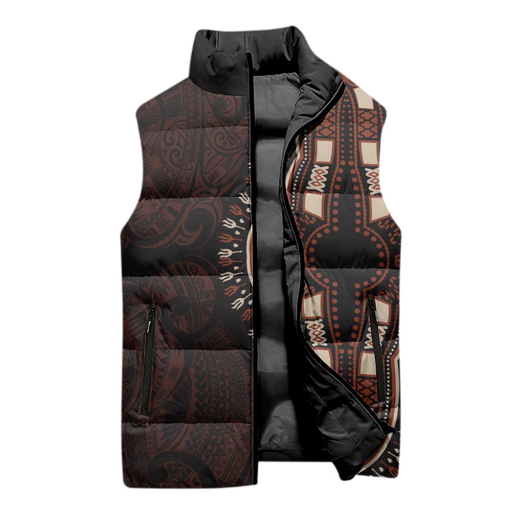 Dashiki and Polynesian Pattern Sleeveless Puffer Jacket Afro Pacific Culture Red Version