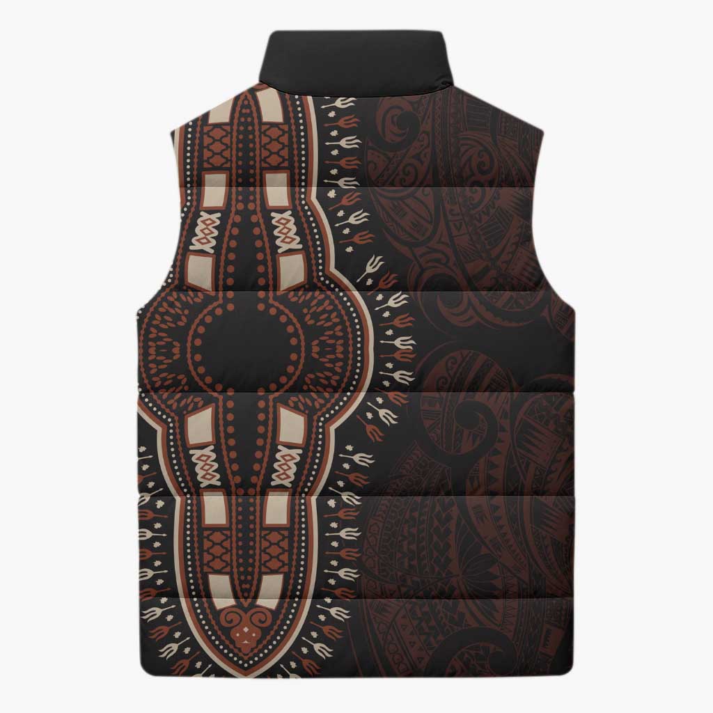 Dashiki and Polynesian Pattern Sleeveless Puffer Jacket Afro Pacific Culture Red Version