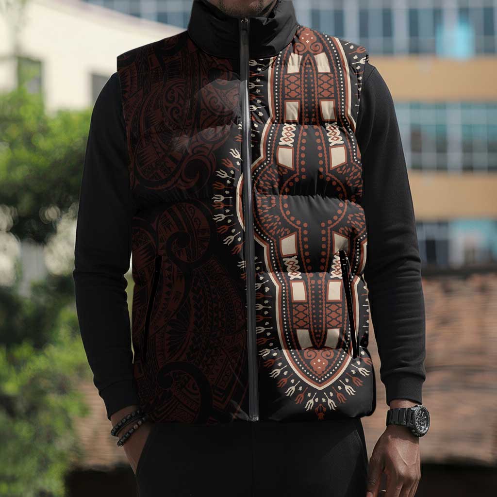 Dashiki and Polynesian Pattern Sleeveless Puffer Jacket Afro Pacific Culture Red Version