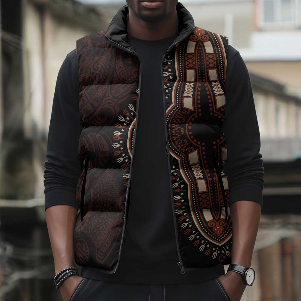 Dashiki and Polynesian Pattern Sleeveless Puffer Jacket Afro Pacific Culture Red Version