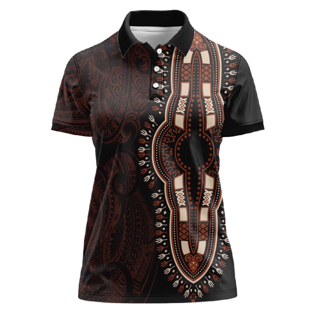 Dashiki and Polynesian Pattern Women Polo Shirt Afro Pacific Culture Red Version