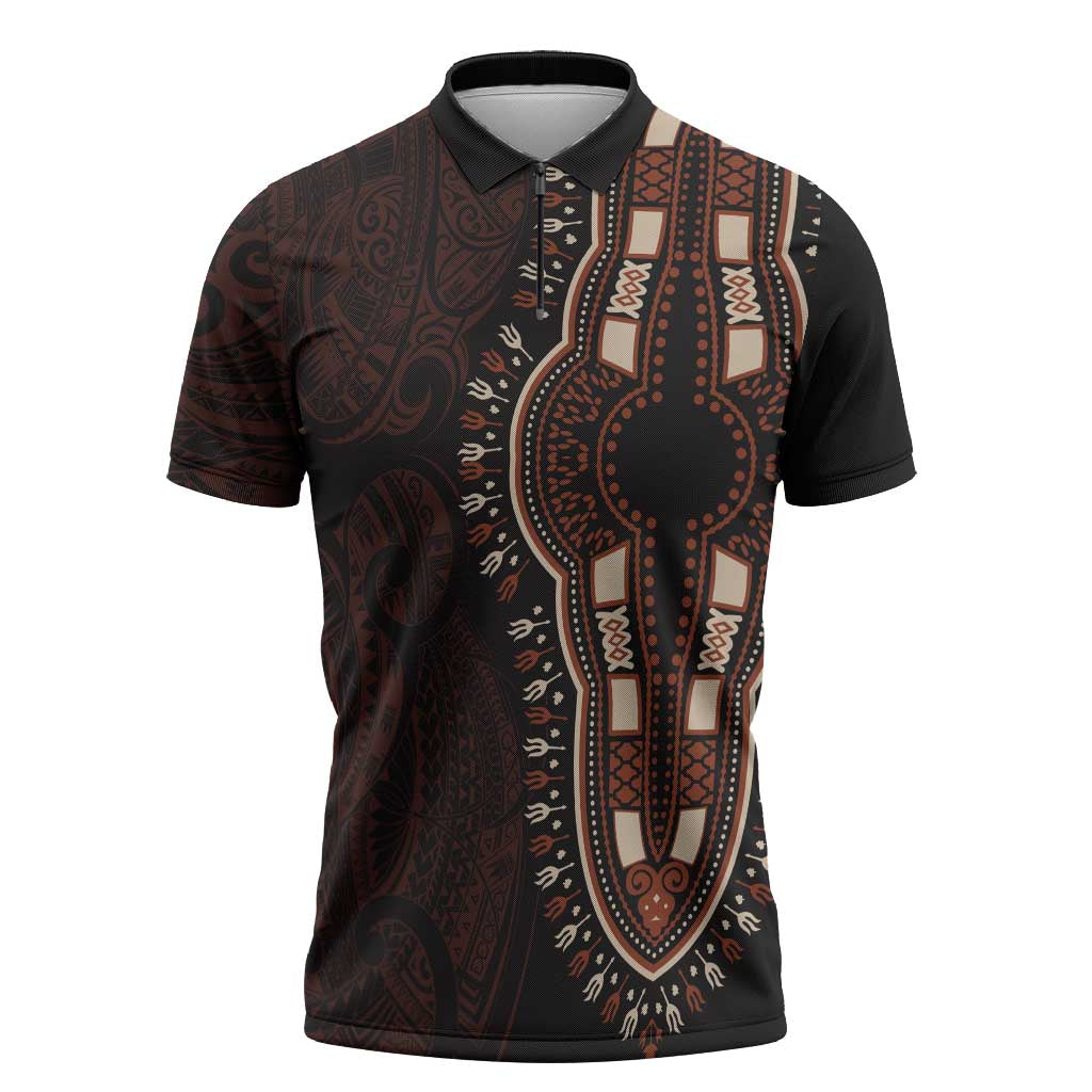 Dashiki and Polynesian Pattern Zipper Polo Shirt Afro Pacific Culture Red Version