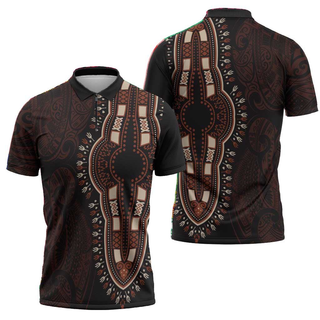 Dashiki and Polynesian Pattern Zipper Polo Shirt Afro Pacific Culture Red Version