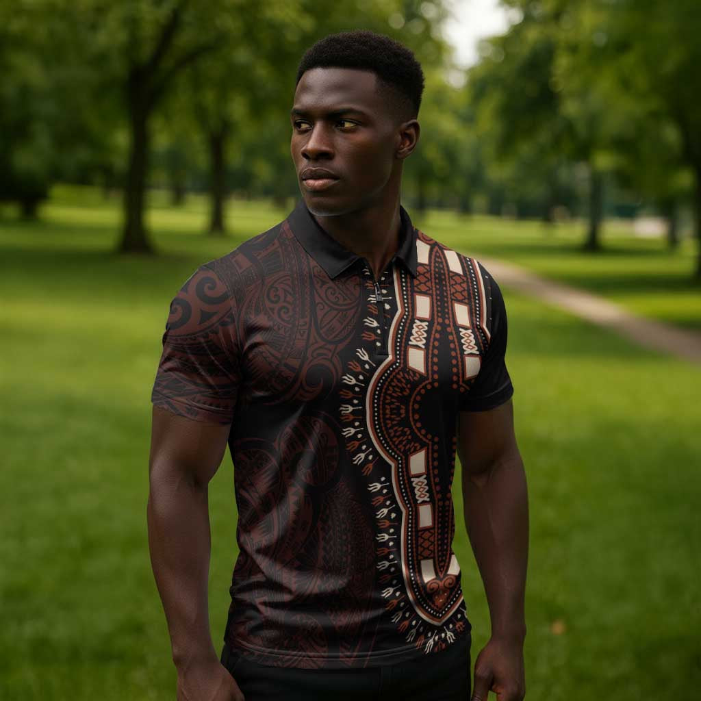 Dashiki and Polynesian Pattern Zipper Polo Shirt Afro Pacific Culture Red Version