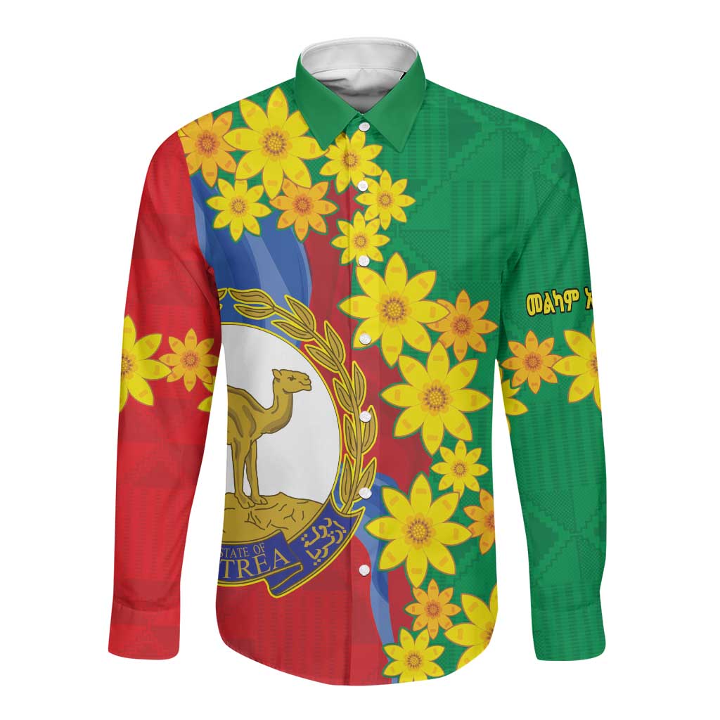 Afro Eritrea New Year Personalized Long Sleeve Button Shirt Enkutatash Adey Abeba Flower Art