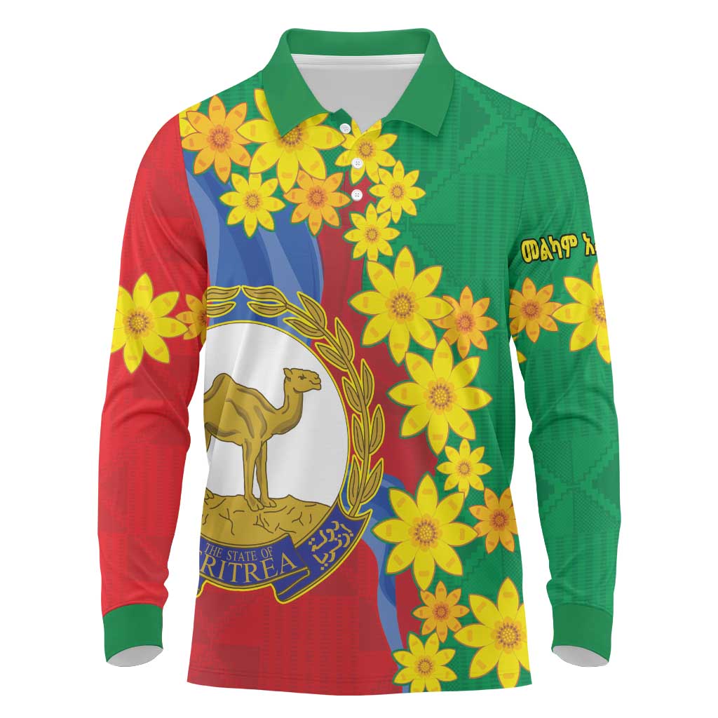 Afro Eritrea New Year Personalized Long Sleeve Polo Shirt Enkutatash Adey Abeba Flower Art