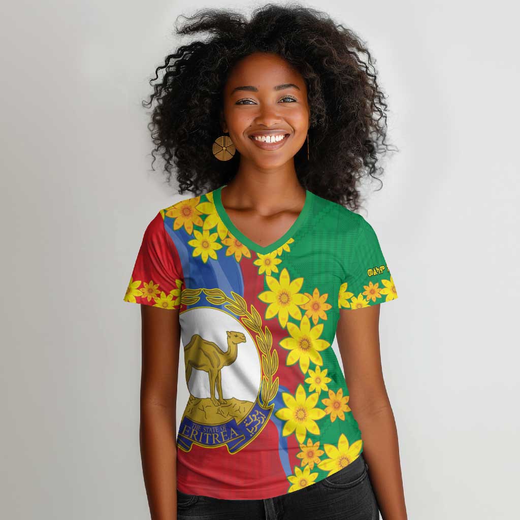 Afro Eritrea New Year Personalized Women V-Neck T-Shirt Enkutatash Adey Abeba Flower Art