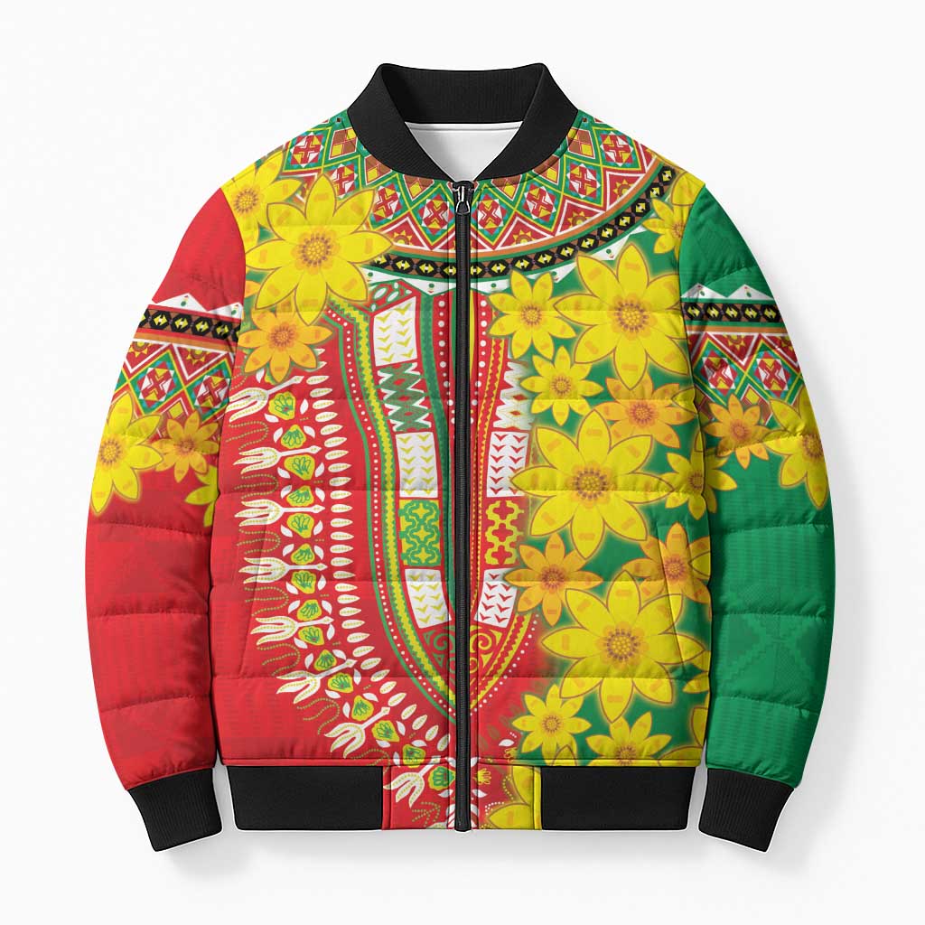 Afro Ethiopian New Year Bomber Puffer Jacket Enkutatash Adey Abeba Flower Art