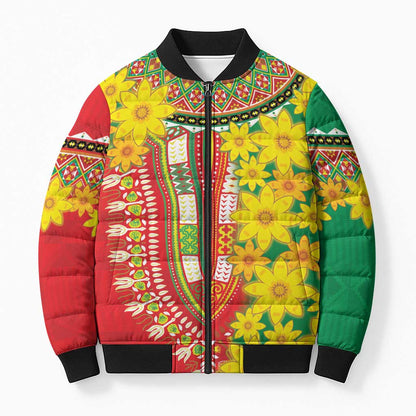 Afro Ethiopian New Year Bomber Puffer Jacket Enkutatash Adey Abeba Flower Art