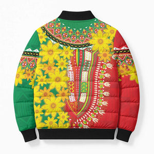 Afro Ethiopian New Year Bomber Puffer Jacket Enkutatash Adey Abeba Flower Art