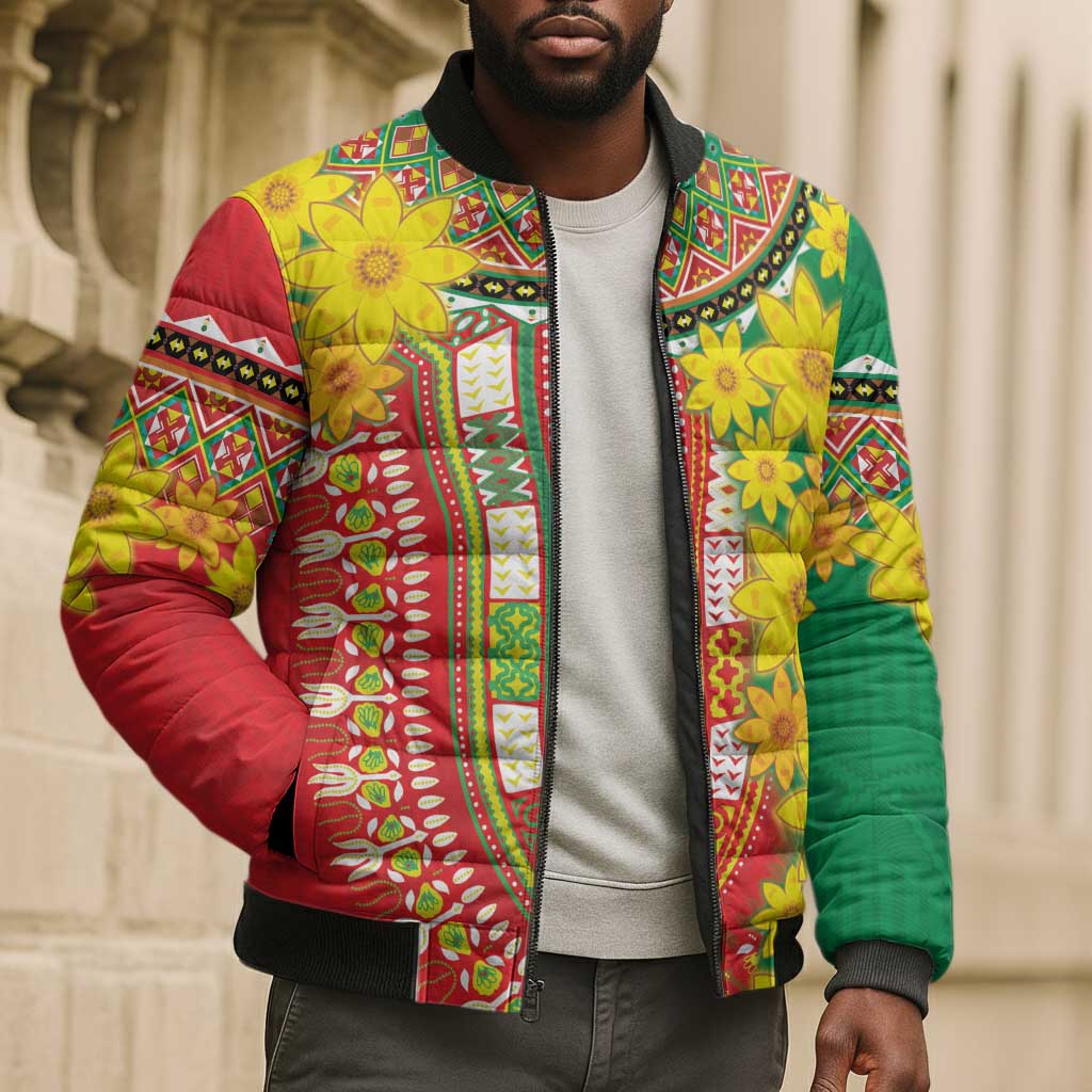 Afro Ethiopian New Year Bomber Puffer Jacket Enkutatash Adey Abeba Flower Art