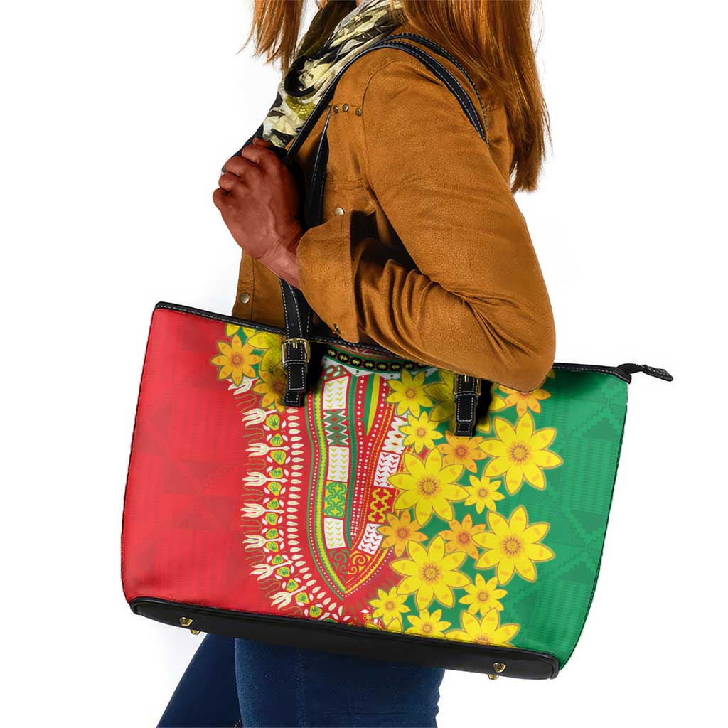 Afro Ethiopian New Year Leather Tote Bag Enkutatash Adey Abeba Flower Art