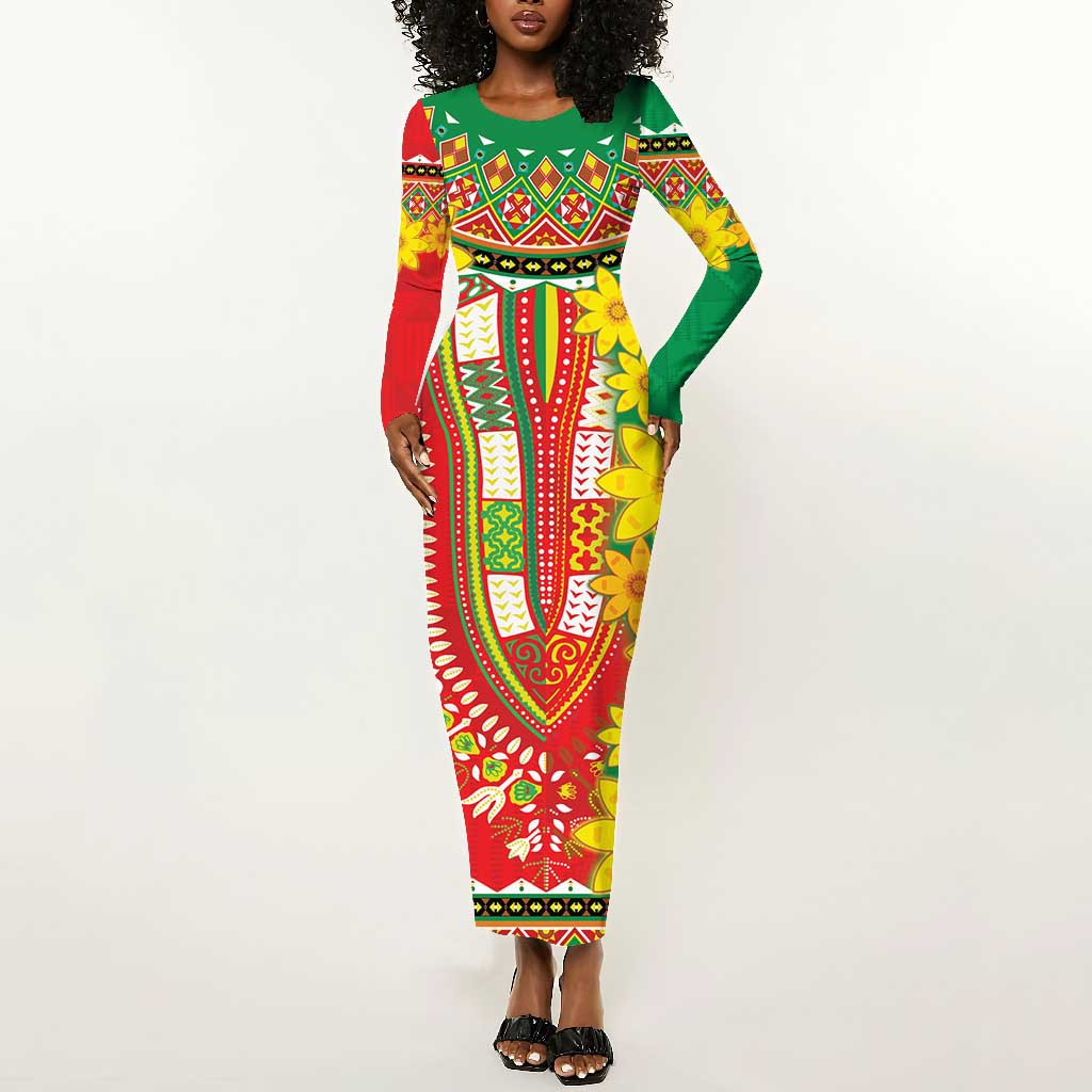 Afro Ethiopian New Year Long Sleeve Bodycon Dress Enkutatash Adey Abeba Flower Art