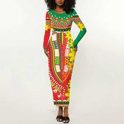 Afro Ethiopian New Year Long Sleeve Bodycon Dress Enkutatash Adey Abeba Flower Art LT9