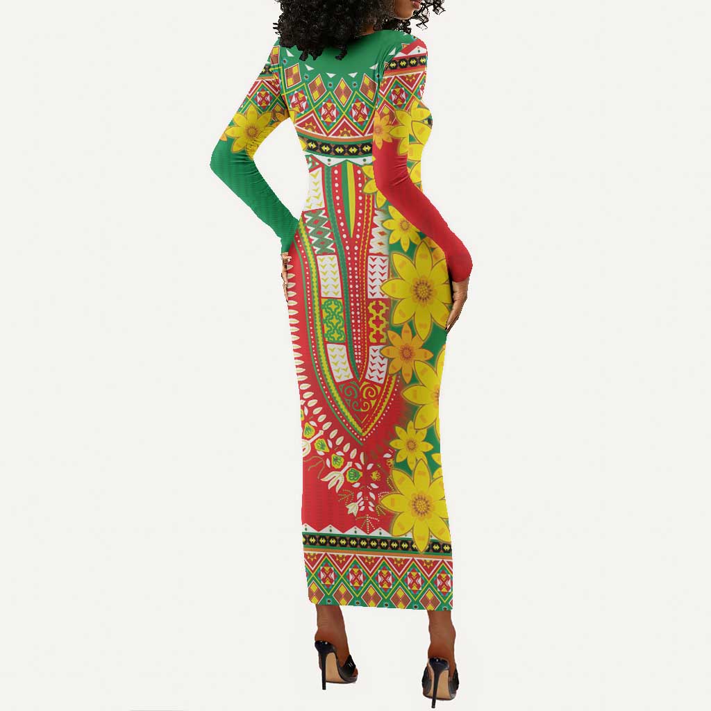 Afro Ethiopian New Year Long Sleeve Bodycon Dress Enkutatash Adey Abeba Flower Art LT9