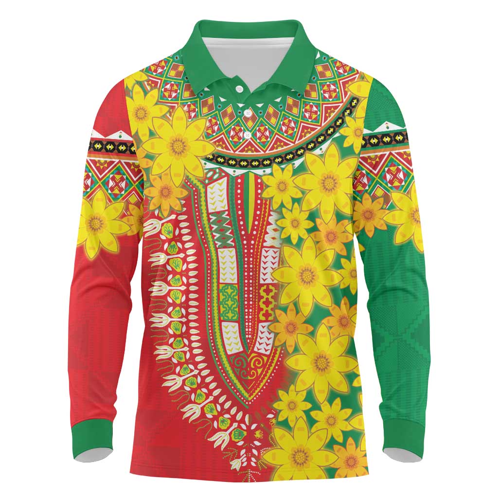 Afro Ethiopian New Year Long Sleeve Polo Shirt Enkutatash Adey Abeba Flower Art