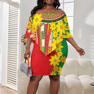 Afro Ethiopian New Year Off Shoulder Short Dress Enkutatash Adey Abeba Flower Art