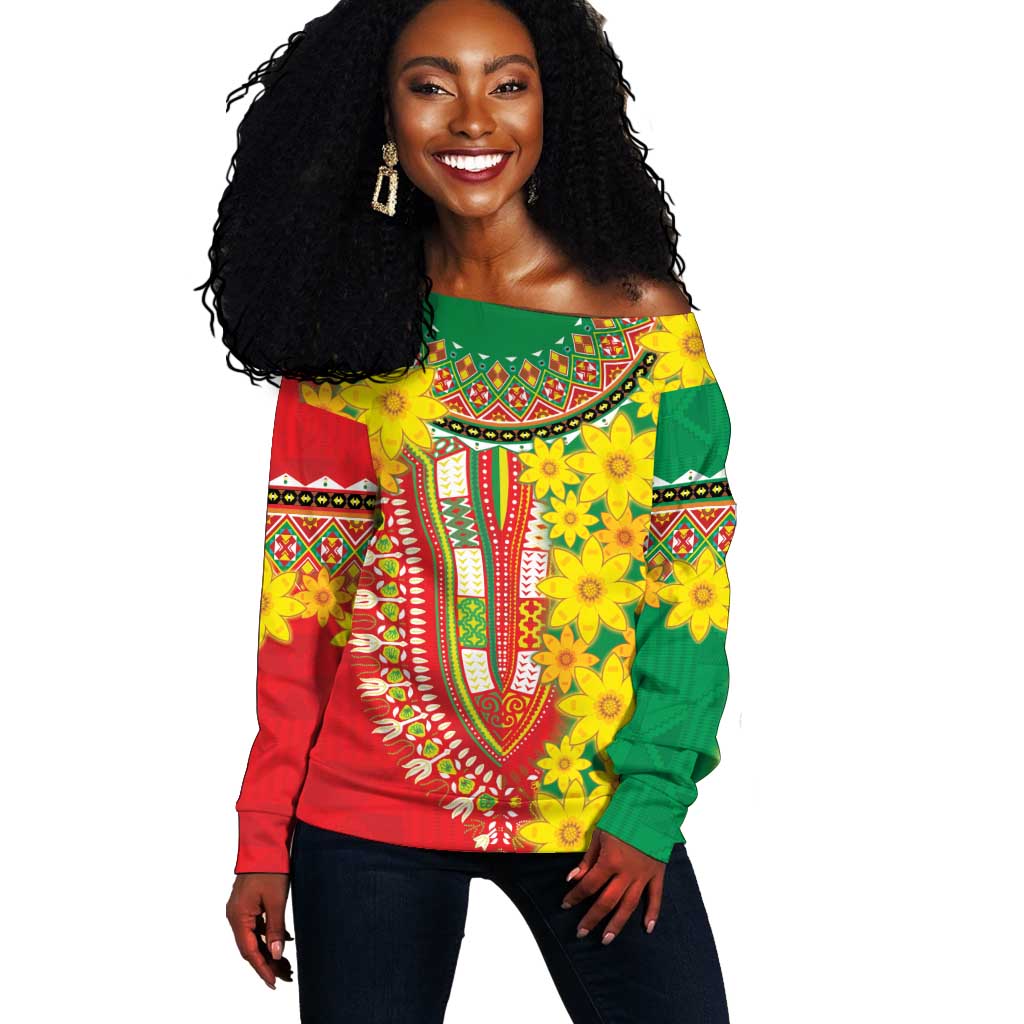 Afro Ethiopian New Year Off Shoulder Sweater Enkutatash Adey Abeba Flower Art