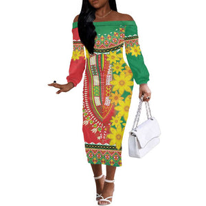 Afro Ethiopian New Year Off The Shoulder Long Sleeve Dress Enkutatash Adey Abeba Flower Art