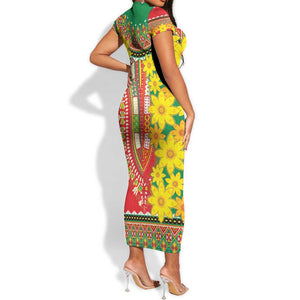 Afro Ethiopian New Year Short Sleeve Bodycon Dress Enkutatash Adey Abeba Flower Art