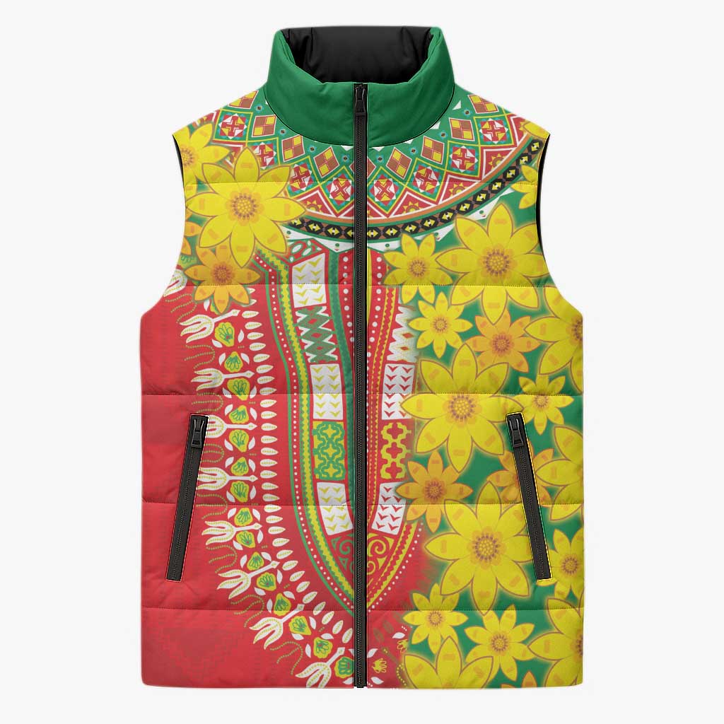 Afro Ethiopian New Year Sleeveless Puffer Jacket Enkutatash Adey Abeba Flower Art