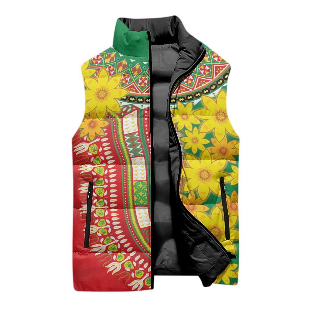 Afro Ethiopian New Year Sleeveless Puffer Jacket Enkutatash Adey Abeba Flower Art