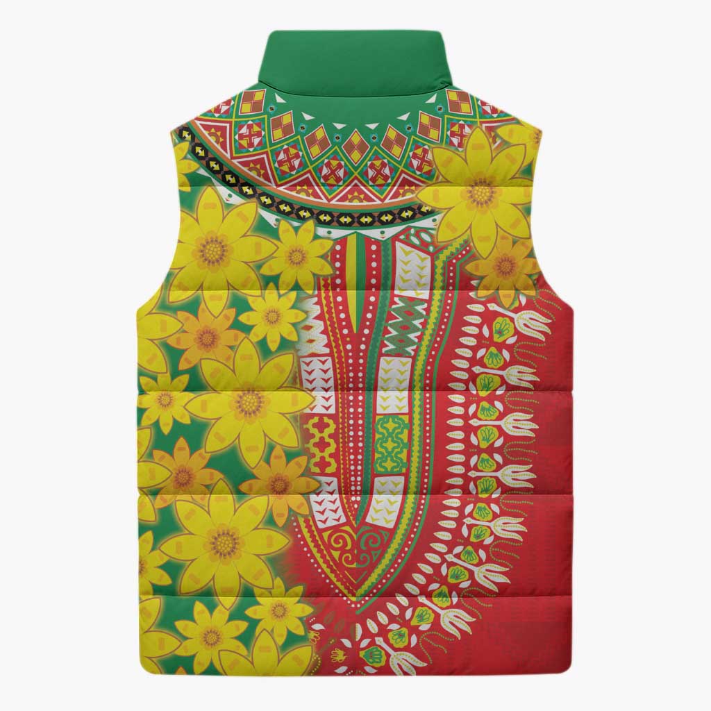Afro Ethiopian New Year Sleeveless Puffer Jacket Enkutatash Adey Abeba Flower Art