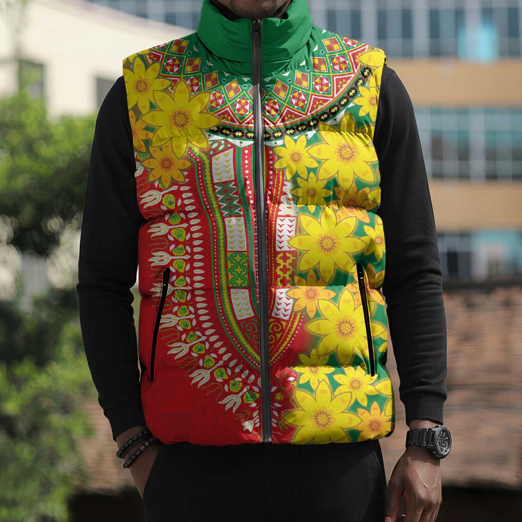 Afro Ethiopian New Year Sleeveless Puffer Jacket Enkutatash Adey Abeba Flower Art