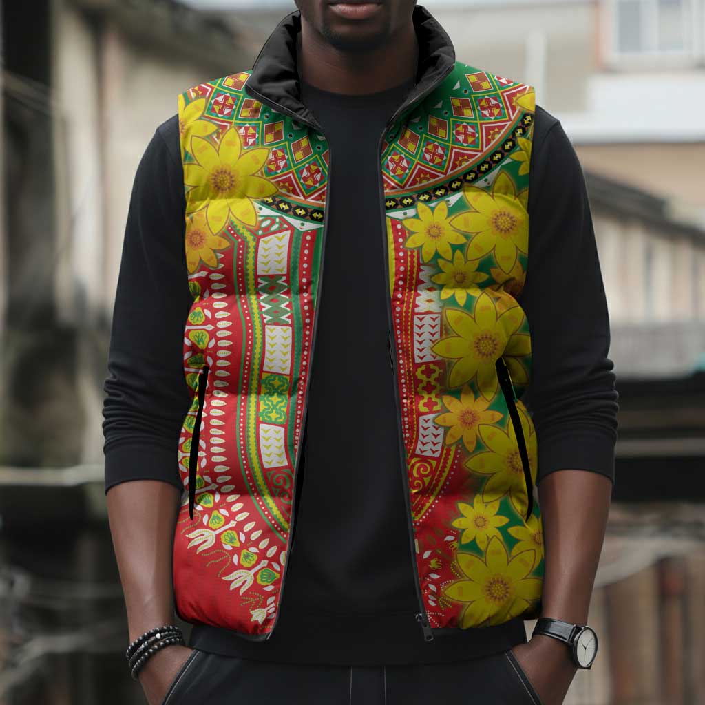 Afro Ethiopian New Year Sleeveless Puffer Jacket Enkutatash Adey Abeba Flower Art