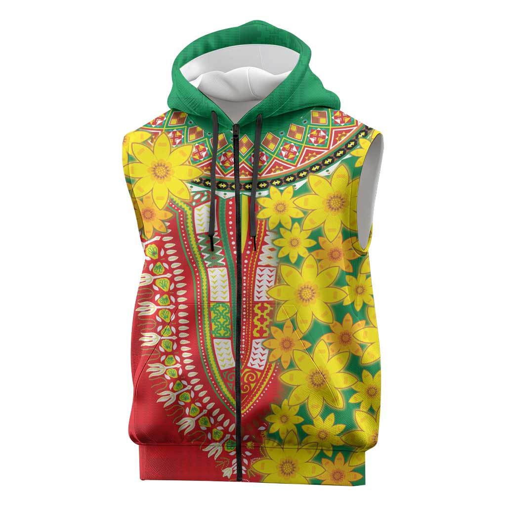 Afro Ethiopian New Year Sleeveless Zip Hoodie Enkutatash Adey Abeba Flower Art - African Pride