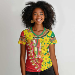 Afro Ethiopian New Year Women V-Neck T-Shirt Enkutatash Adey Abeba Flower Art