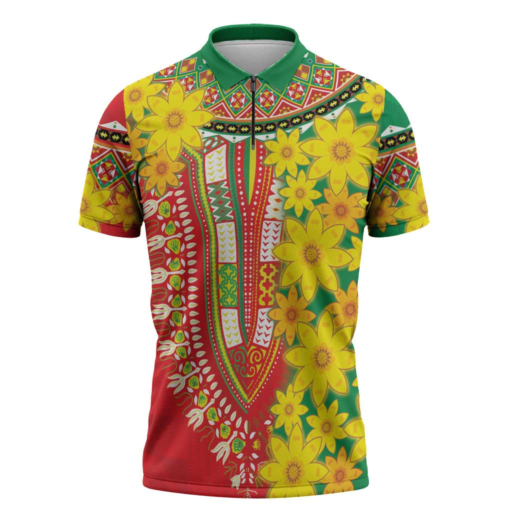 Afro Ethiopian New Year Zipper Polo Shirt Enkutatash Adey Abeba Flower Art