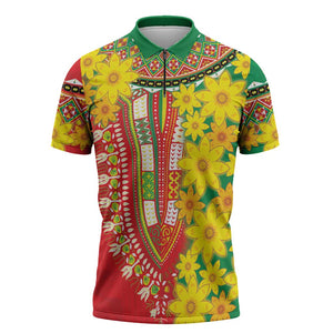 Afro Ethiopian New Year Zipper Polo Shirt Enkutatash Adey Abeba Flower Art