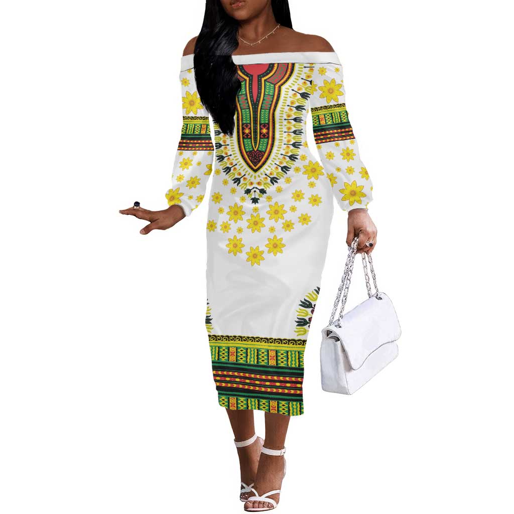 Afro Enkutatash Dashiki and Adey Abeba Off The Shoulder Long Sleeve Dress