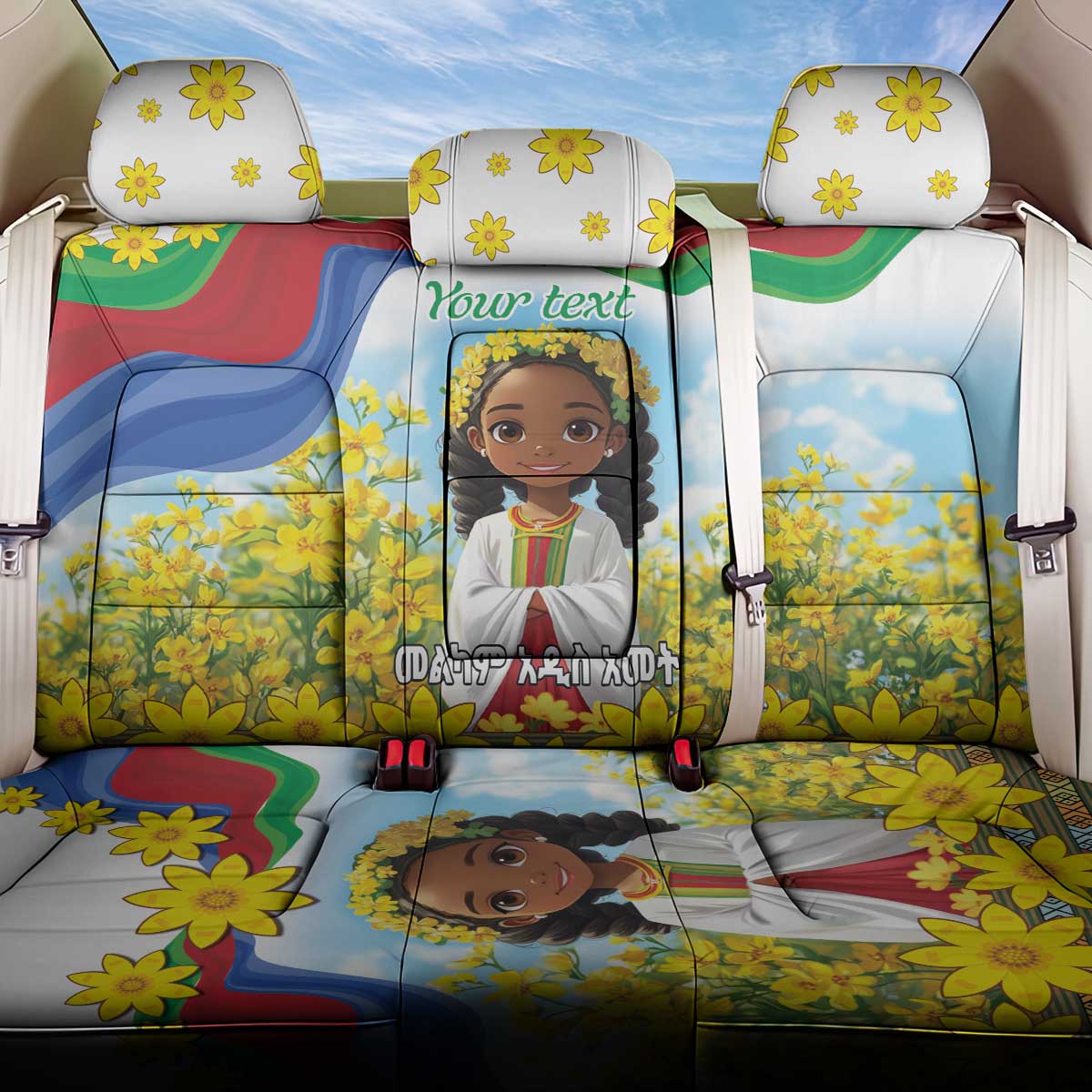 Happy Enkutatash Eritrea Personalized Back Car Seat Cover Beautiful Afro Girl Adey Abeba Flower