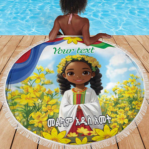 Happy Enkutatash Eritrea Personalized Beach Blanket Beautiful Afro Girl Adey Abeba Flower