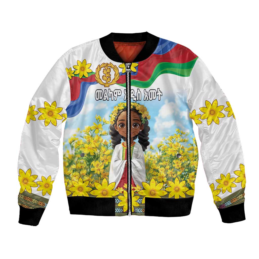 Happy Enkutatash Eritrea Personalized Bomber Jacket Beautiful Afro Girl Adey Abeba Flower