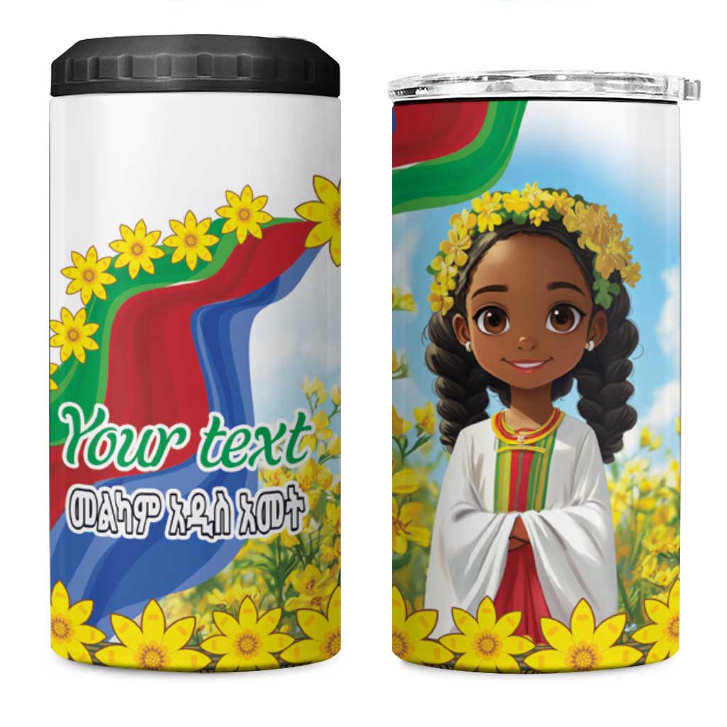 Happy Enkutatash Eritrea Personalized 4 in 1 Can Cooler Tumbler Beautiful Afro Girl Adey Abeba Flower