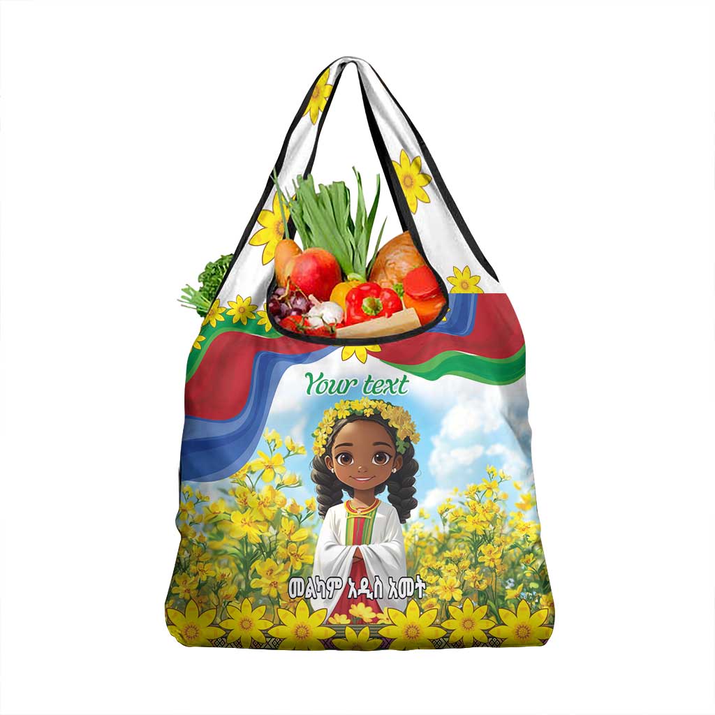 Happy Enkutatash Eritrea Personalized Grocery Bag Beautiful Afro Girl Adey Abeba Flower