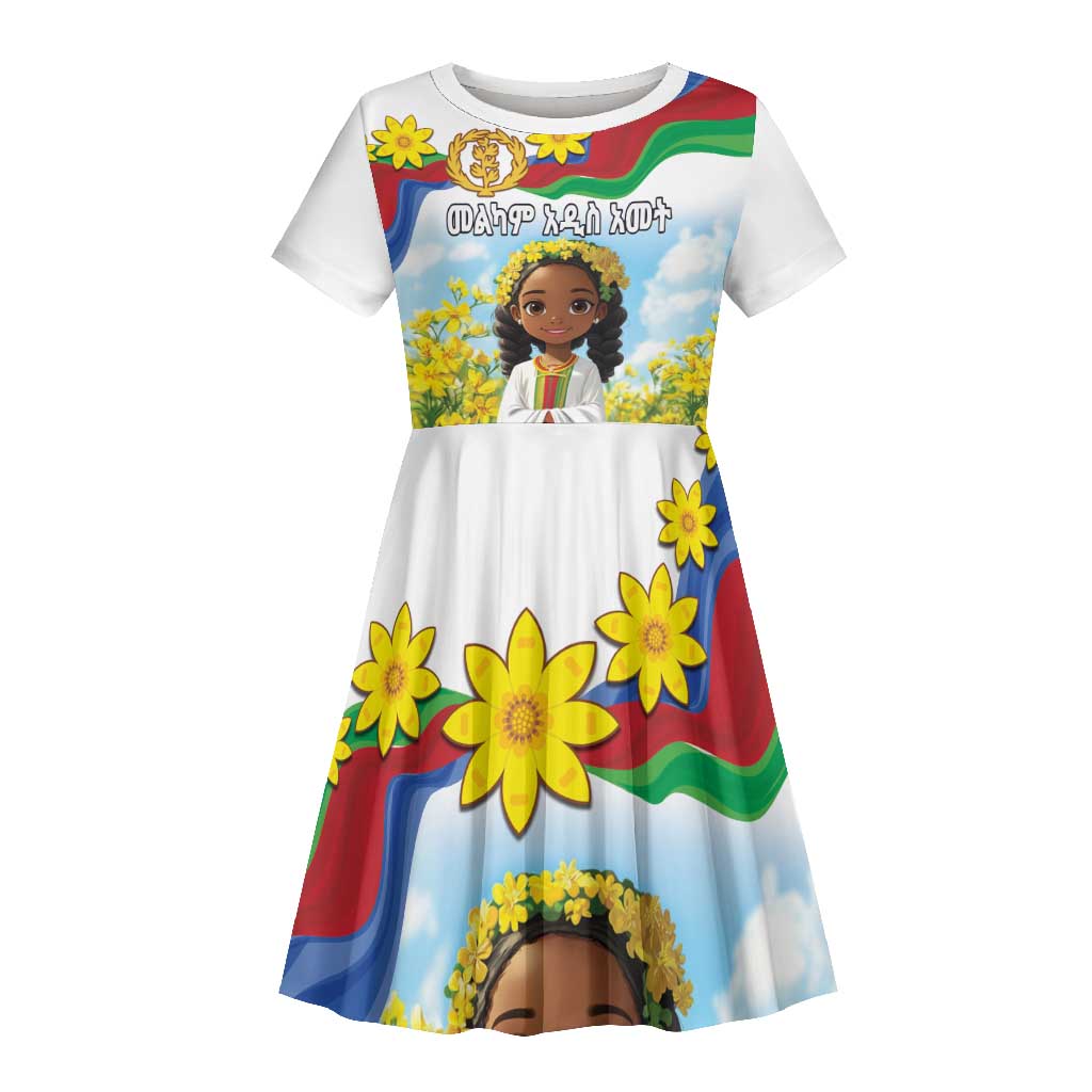 Happy Enkutatash Eritrea Personalized Kid Short Sleeve Dress Beautiful Afro Girl Adey Abeba Flower