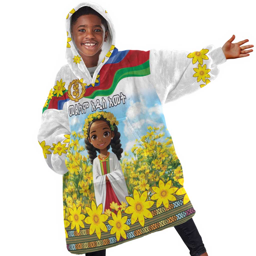 Happy Enkutatash Eritrea Personalized KId Wearable Blanket Hoodie Beautiful Afro Girl Adey Abeba Flower