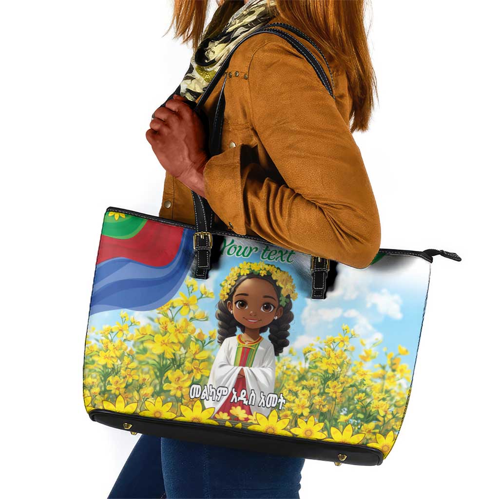 Happy Enkutatash Eritrea Personalized Leather Tote Bag Beautiful Afro Girl Adey Abeba Flower